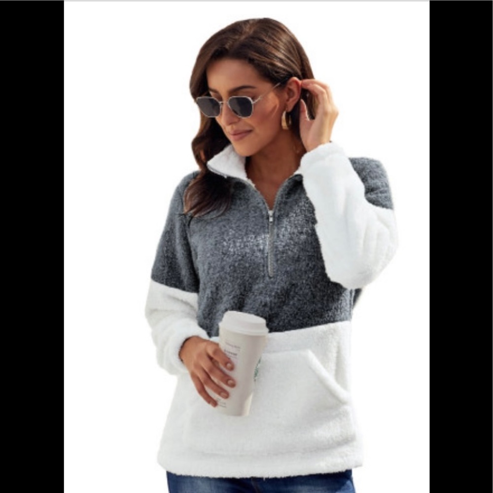 CHARCOAL / WHITE ZIP NECK FLUFFY FLEECE PULLOVER